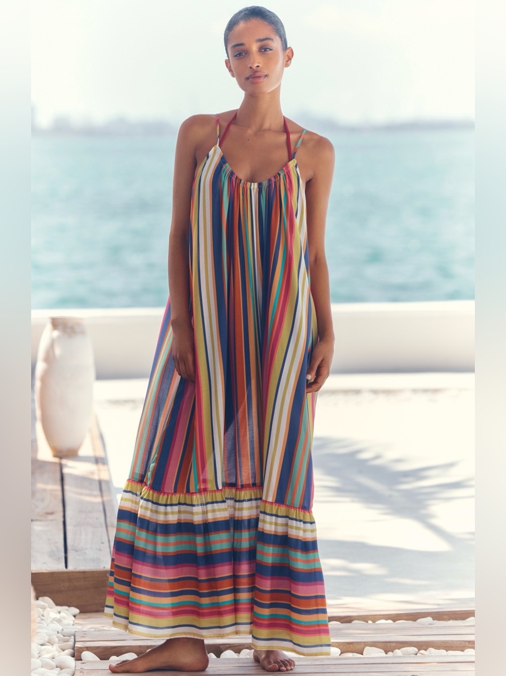 Celandine Malika Printed Midi Dress Sz S multicolor stripe flowy swim cover
